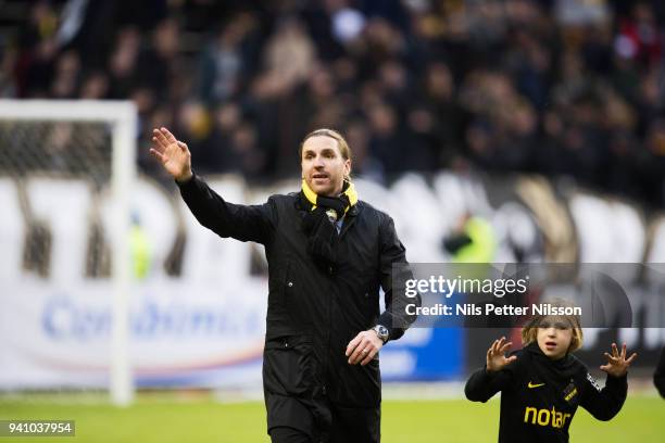 Legendary player Nils Eric Johansson is thanked off during the Allsvenskan match between AIK and Dalkurd FF at Friends Arena on april 2, 2018 in...