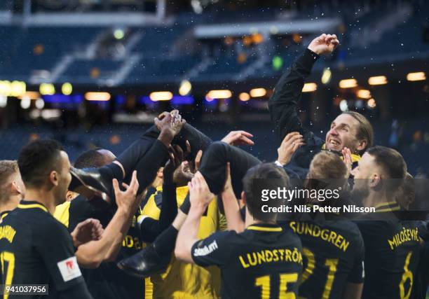 Legendary player Nils Eric Johansson is thanked off during the Allsvenskan match between AIK and Dalkurd FF at Friends Arena on april 2, 2018 in...
