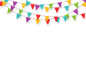 Carnival garland with flags. Decorative colorful party pennants for birthday celebration, festival and fair decoration. Holiday background with hanging flags