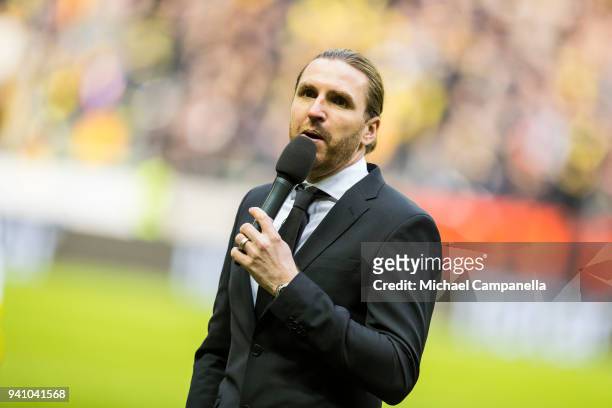 Former AIK captain Nils-Eric Johansson speaks to the public before an Allsvenskan match between AIK and Dalkurd FF at Friends arena on April 2, 2018...