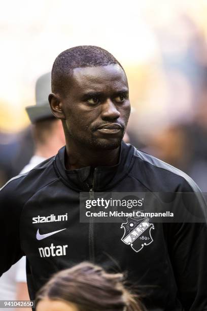 Enoch Kofi Adu of AIK during an Allsvenskan match between AIK and Dalkurd FF at Friends arena on April 2, 2018 in Solna, Sweden.