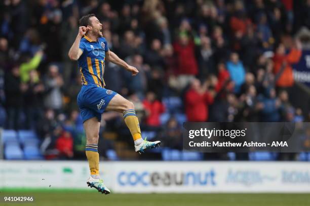 Shaun Whalley of Shrewsbury Town celebrates after scoring a goal to make it 3-1 during the Sky Bet League One match between Shrewsbury Town and...