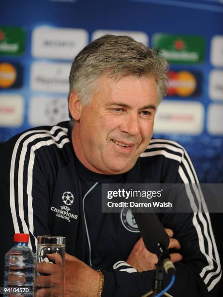 Chelsea manager Carlo Ancelotti attends a press conference, ahead of their Champions League Group D match against APOEL Nicosia, at Cobham Training...