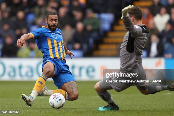 Stefan Payne of Shrewsbury Town and Simon Eastwood of Oxford United during the Sky Bet League One match between Shrewsbury Town and Oxford United at...