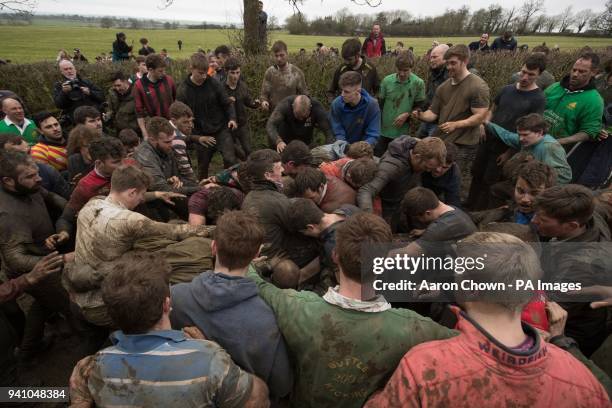 The game of bottle-kicking in Hallaton, Leicestershire. The game is played between Hallaton and the neighbouring village of Medbourne each Easter...