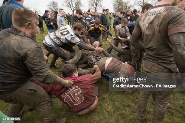 The game of bottle-kicking in Hallaton, Leicestershire. The game is played between Hallaton and the neighbouring village of Medbourne each Easter...