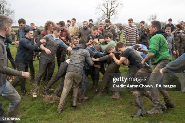 The game of bottle-kicking in Hallaton, Leicestershire. The game is played between Hallaton and the neighbouring village of Medbourne each Easter...