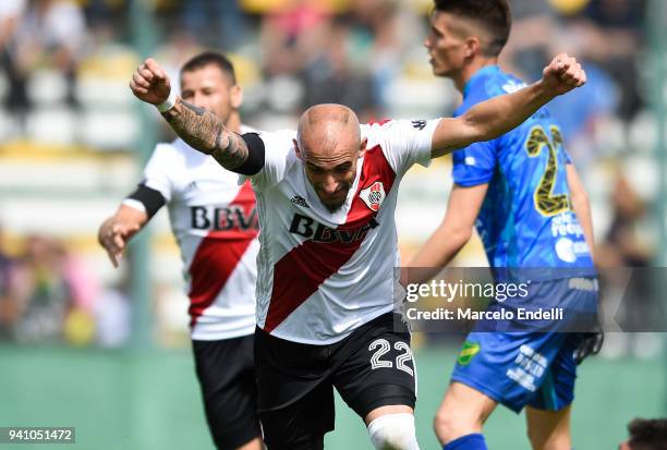 Javier Pinola of River Plate celebrates after scoring the second goal of his team during a match between Defensa y Justicia and River Plate as part...