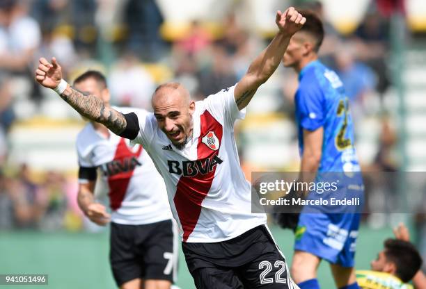 Javier Pinola of River Plate celebrates after scoring the second goal of his team during a match between Defensa y Justicia and River Plate as part...