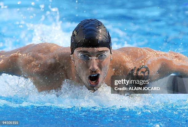Frederick Bousquet of France competes on the men 200-m butterfly race at the France's national short course championship on December 06, 2009 in...