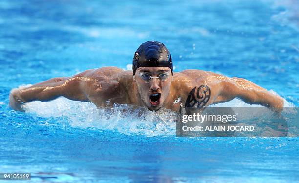 Frederick Bousquet of France competes in the men 200-m butterfly race at the France's national short course championship on December 06, 2009 in...