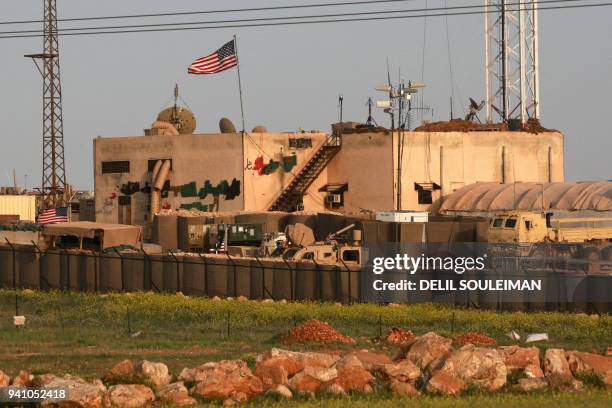 Picture taken on April 2, 2018 shows a general view of a US military base in the al-Asaliyah village, between the city of Aleppo and the northern...