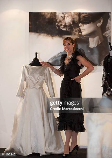 Darcey Bussell wears an Audrey Hepburn black Chantilly lace dress worn in the 1966 film 'How to steal a Million' during a photocall to announce an...