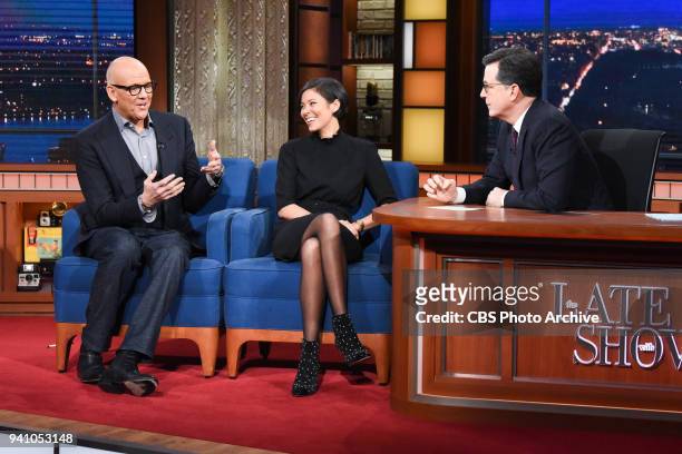 The Late Show with Stephen Colbert and guest John Heilemann and Alex Wagner during Thursday's March 29, 2018 show.