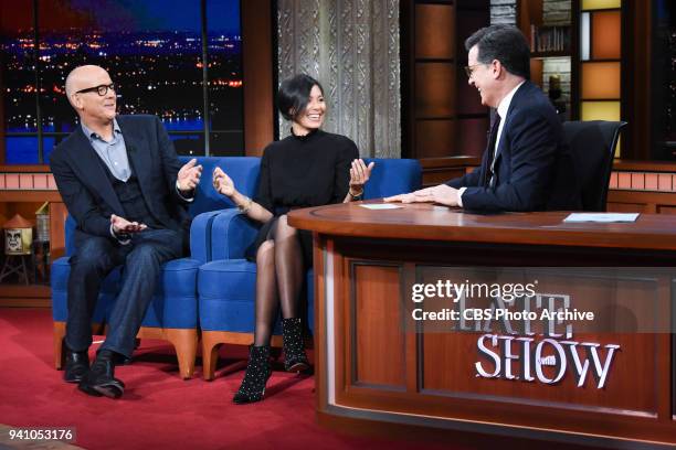 The Late Show with Stephen Colbert and guest John Heilemann and Alex Wagner during Thursday's March 29, 2018 show.