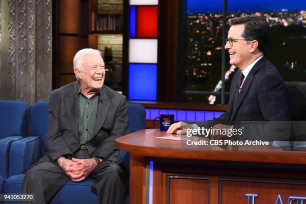 The Late Show with Stephen Colbert and guest President Jimmy Carter during Friday's March 30, 2018 show.