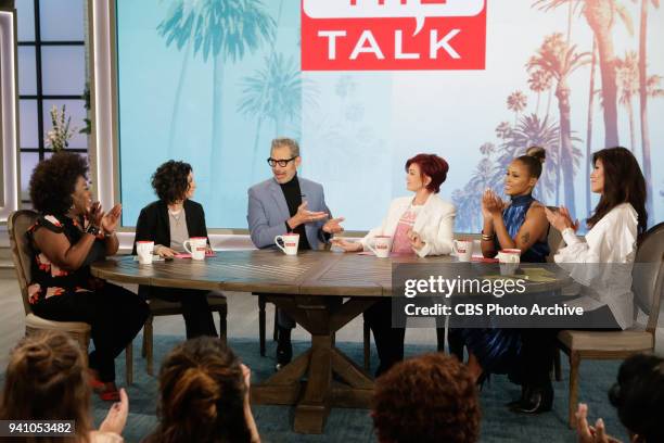 Actor Jeff Goldblum discusses his new film "Isle of Dogs" on "The Talk," Wednesday, March 28, 2018 on the CBS Television Network. From left, Sheryl...