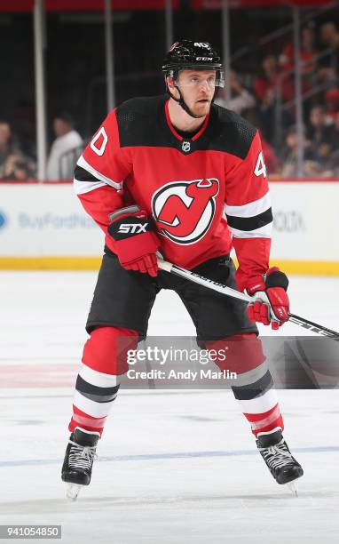 Michael Grabner of the New Jersey Devils skates during the game against the Pittsburgh Penguins at Prudential Center on March 29, 2018 in Newark, New...