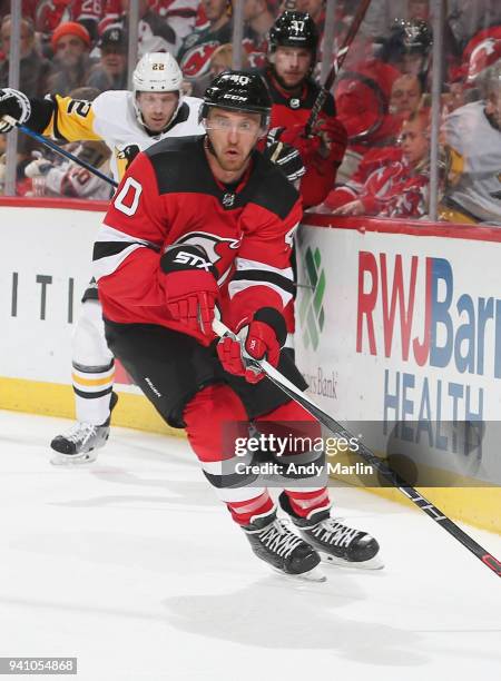 Michael Grabner of the New Jersey Devils skates during the game against the Pittsburgh Penguins at Prudential Center on March 29, 2018 in Newark, New...