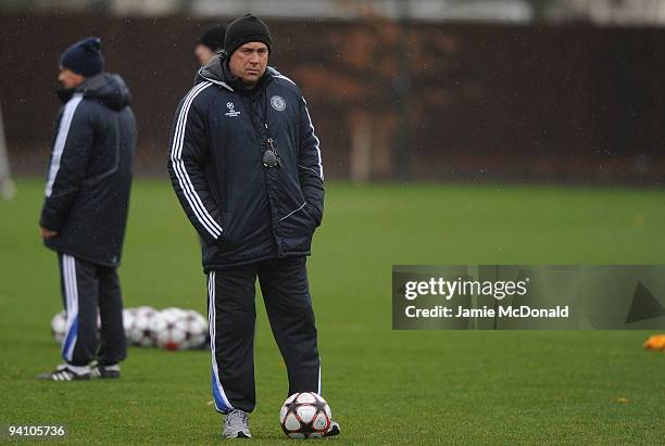 Chelsea manager Carlo Ancelotti looks on during a Chelsea Training & Press Conference, ahead of their Champions League Group D match against APOEL...