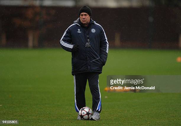 Chelsea manager Carlo Ancelotti looks on during a Chelsea Training & Press Conference, ahead of their Champions League Group D match against APOEL...