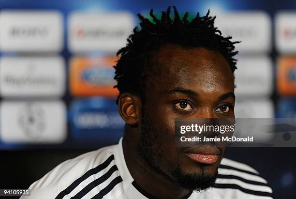 Michael Essien of Chelsea talks to the media during a Chelsea Training & Press Conference, ahead of their Champions League Group D match against...