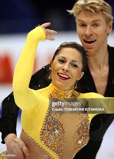 French Ice Dancing pair, Isabelle Delobel and Olivier Schoenfelder performs during the compulsory dance on the first day of the World Figure Skating...