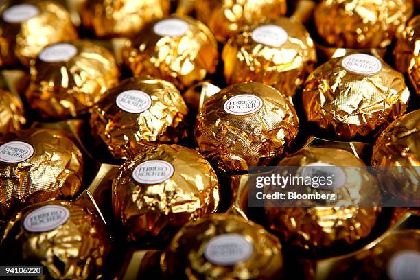 Fererro Rocher chocolates, produced by Ferrero SpA, sit arranged for a photograph in London, U.K., on Monday, Dec.7, 2009. Hershey Co. And Nestle SA...