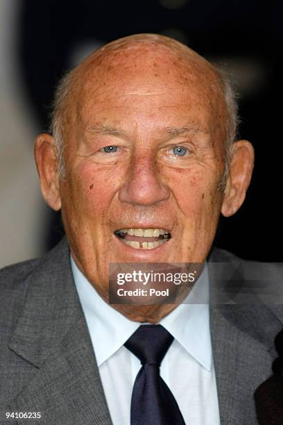 Retired racing driver Sir Stirling Moss arrives for the British Racing Drivers' Club Annual Awards at Hotel Intercontinental on December 7, 2009 in...