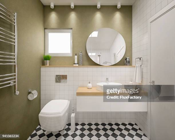 modern 3d bathroom render - domestic bathroom stock pictures, royalty-free photos & images