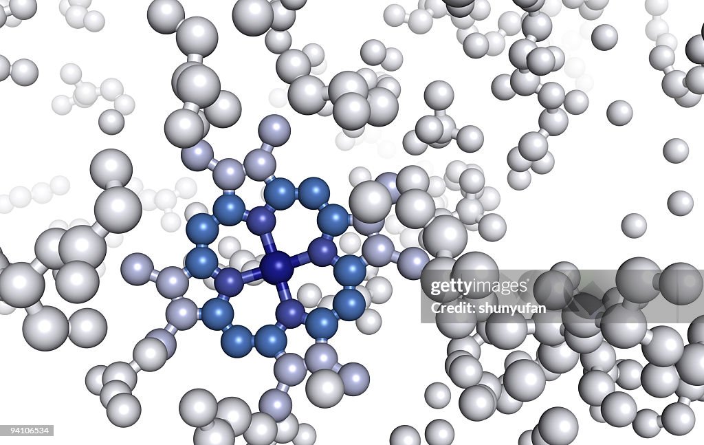 Magnified model of a protein molecule in blue and white