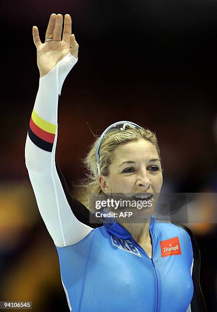 German Anni Friesinger jcelebrates her second place in the 1000m in the WC sprint speedskating tournamen, Heerenveen 27 January 2007. AFP PHOTO ANP...