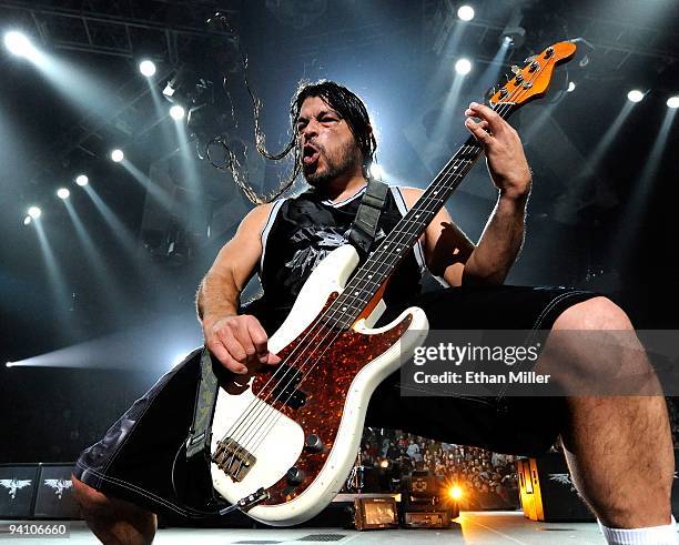 Metallica bassist Robert Trujillo performs during a sold-out concert at the Mandalay Bay Events Center December 5, 2009 in Las Vegas, Nevada. The...