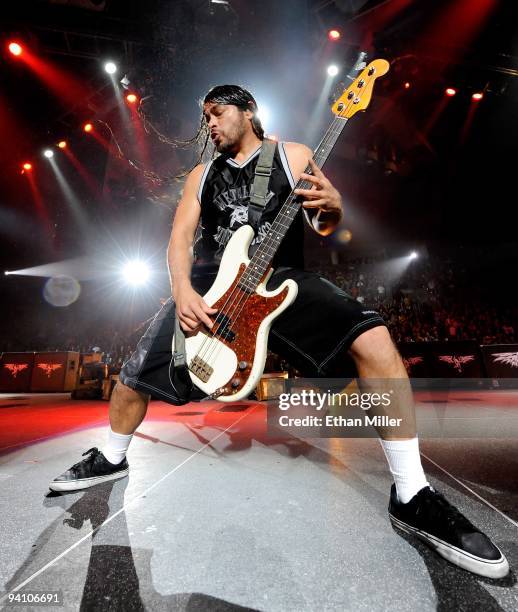 Metallica bassist Robert Trujillo performs during a sold-out concert at the Mandalay Bay Events Center December 5, 2009 in Las Vegas, Nevada. The...