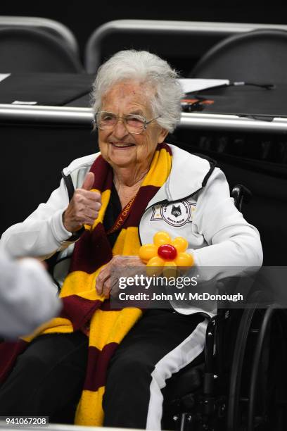 Final Four: Closeup of Loyola Chicago nun and team chaplain Sister Jean Dolores Schmidt on court before game vs Michigan at Alamodome. San Antonio,...