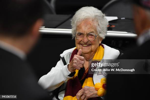 Final Four: Closeup of Loyola Chicago nun and team chaplain Sister Jean Dolores Schmidt on court before game vs Michigan at Alamodome. San Antonio,...