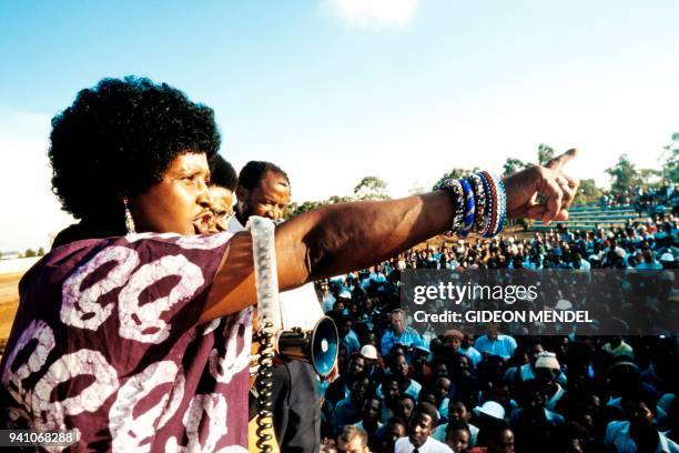 Picture taken on April 13, 1986 shows Winnie Madikizela-Mandela, then-wife of South African president Nelson Mandela and anti-apartheid campaigner,...