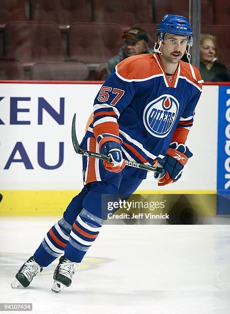 Colin McDonald of the Edmonton Oilers skates up ice during their game against the Vancouver Canucks at General Motors Place on November 28, 2009 in...