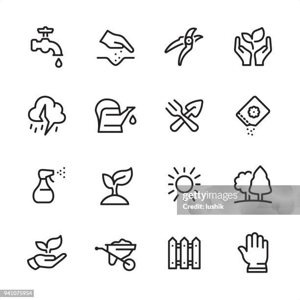 gardening - outline icon set - spraying stock illustrations