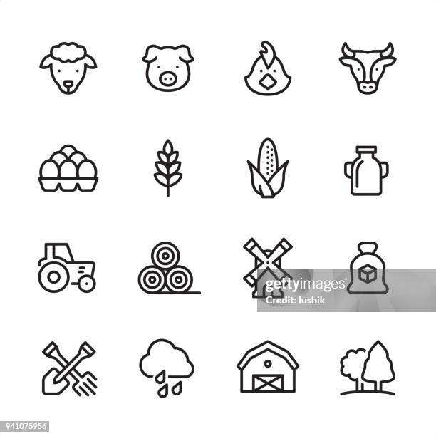 illustrazioni stock, clip art, cartoni animati e icone di tendenza di agricoltura - set di icone di contorno - pannocchia