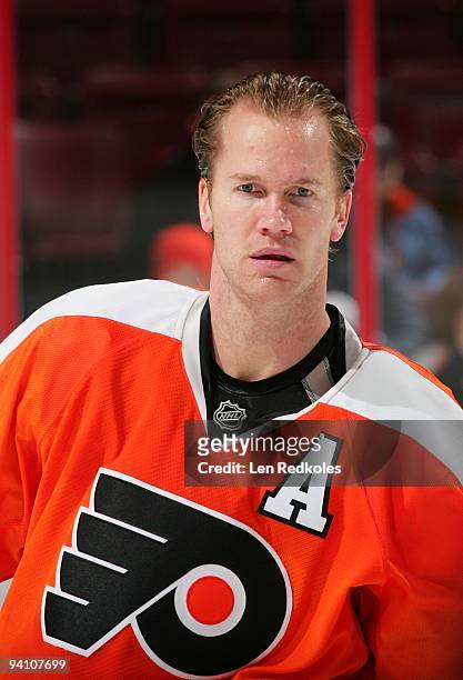 Chris Pronger of the Philadelphia Flyers looks on during warmups prior to the start of his game against the Washington Capitals on December 5, 2009...