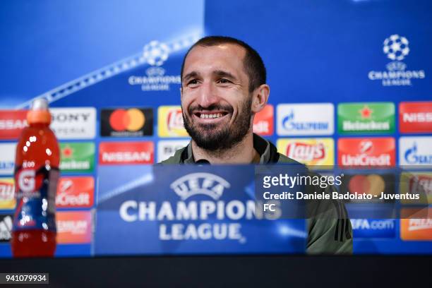 Giorgio Chiellini of Juventus attends a press conference on the eve of the UEFA Champions League match against Real Madrid at Allianz Stadium on...