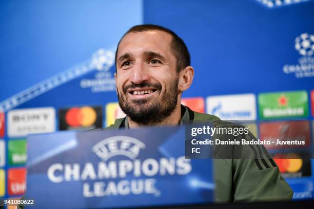 Giorgio Chiellini during the Champions League Juventus press conference at Allianz Stadium on April 2, 2018 in Turin, Italy.