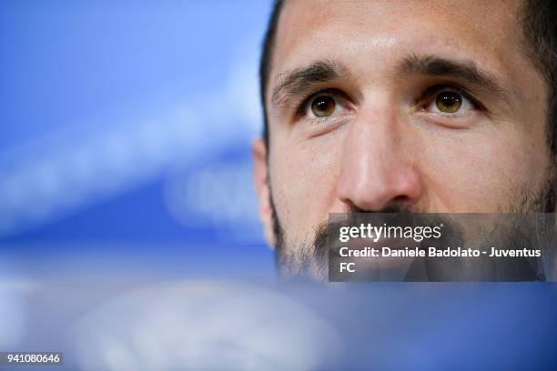 Giorgio Chiellini during the Champions League Juventus press conference at Allianz Stadium on April 2, 2018 in Turin, Italy.