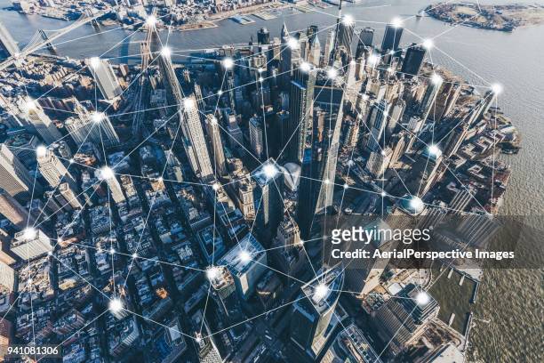 blockchain concept and city network of manhattan - smart city concept stock-fotos und bilder