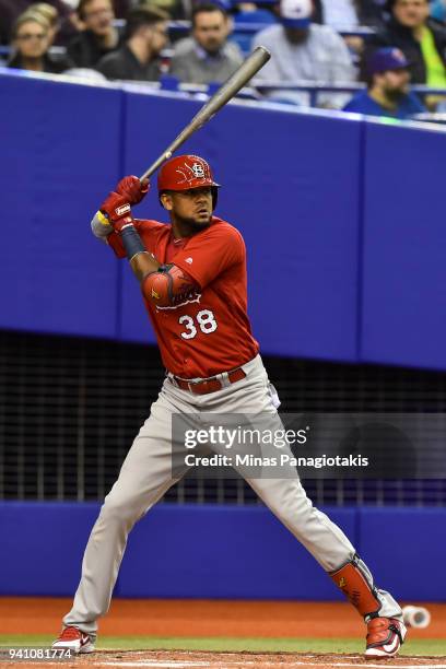 Jose Martinez of the St. Louis Cardinals prepares to bat against the Toronto Blue Jays during the MLB preseason game at Olympic Stadium on March 27,...