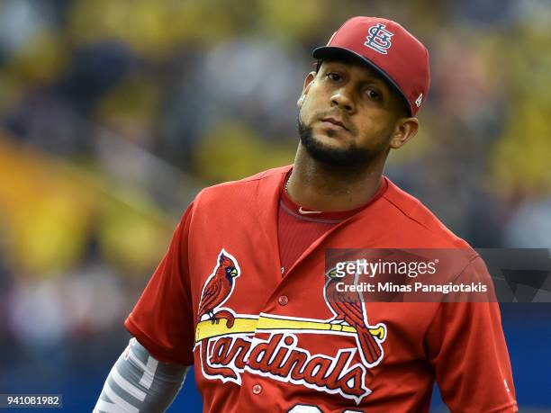Jose Martinez of the St. Louis Cardinals looks on against the Toronto Blue Jays during the MLB preseason game at Olympic Stadium on March 27, 2018 in...