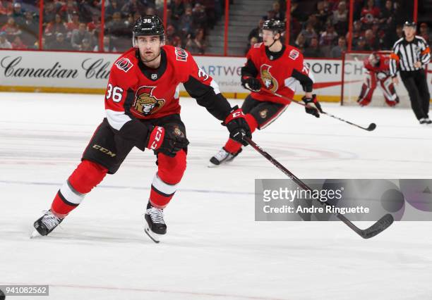 Colin White of the Ottawa Senators skates against the Florida Panthers at Canadian Tire Centre on March 29, 2018 in Ottawa, Ontario, Canada.