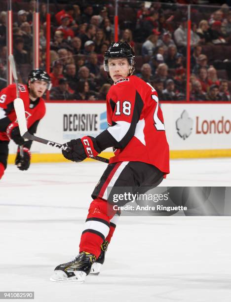 Ryan Dzingel of the Ottawa Senators skates against the Florida Panthers at Canadian Tire Centre on March 29, 2018 in Ottawa, Ontario, Canada.