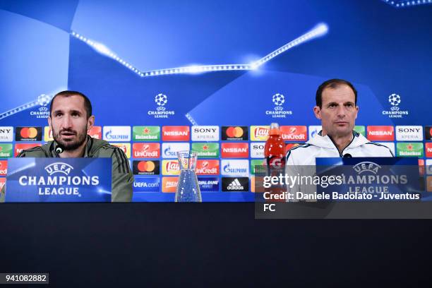 Giorgio Chiellini and Massimiliano Allegri during the Champions League Juventus press conference at Allianz Stadium on April 2, 2018 in Turin, Italy.